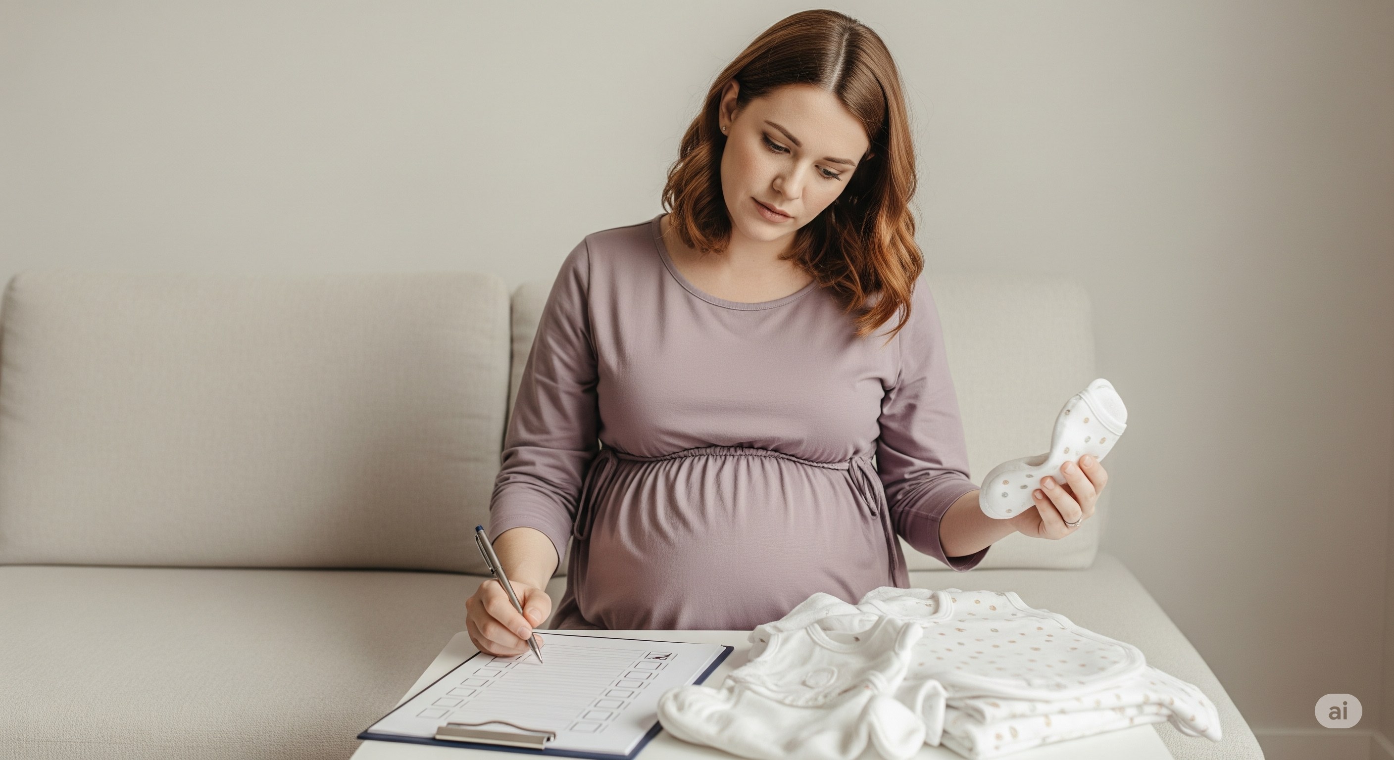 Mãe gestante organizando lista de enxoval com roupinhas de bebê